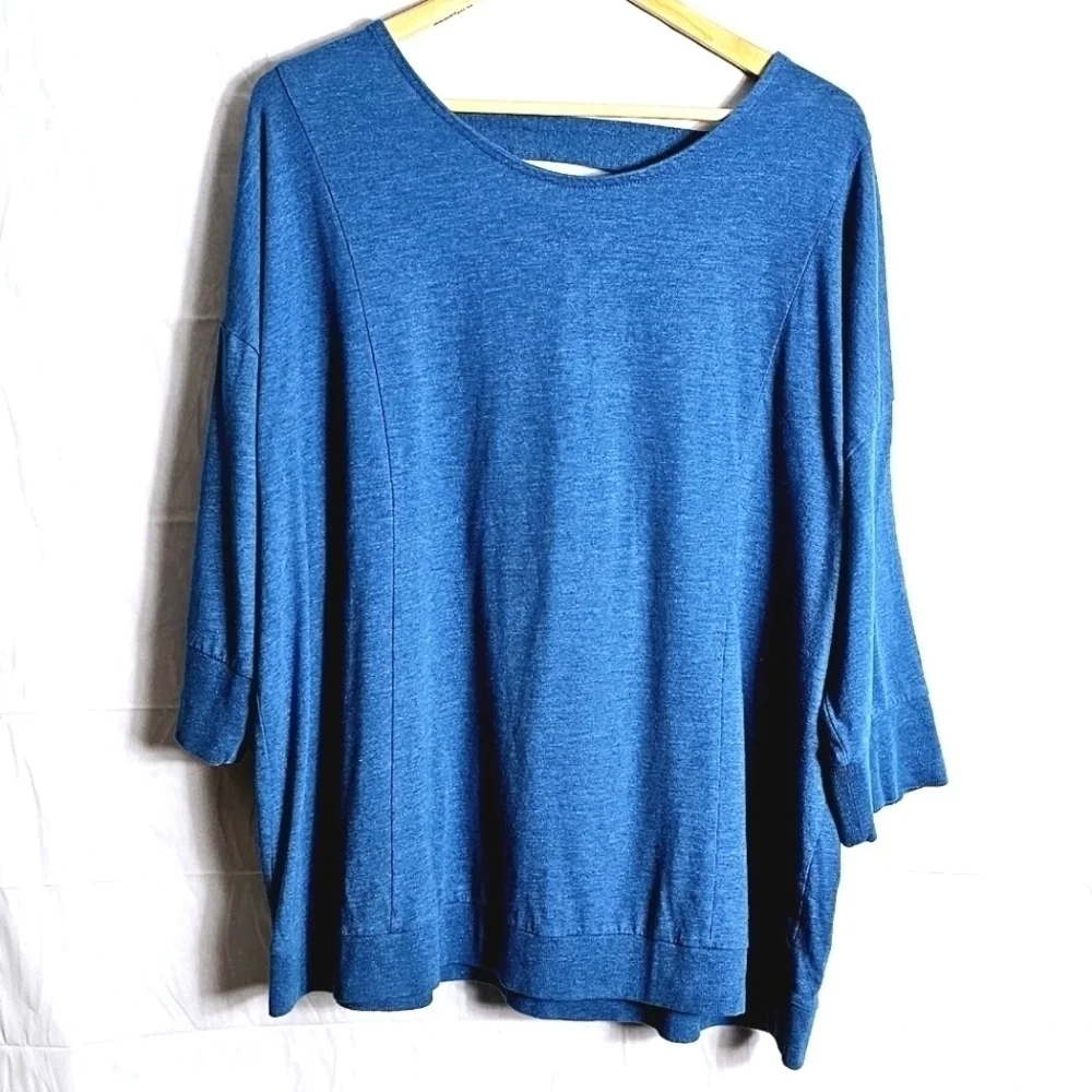 Sleep By Cacique Plus Blue 3/4 Sleeves Ribbed Strappy Back Women's Blouse